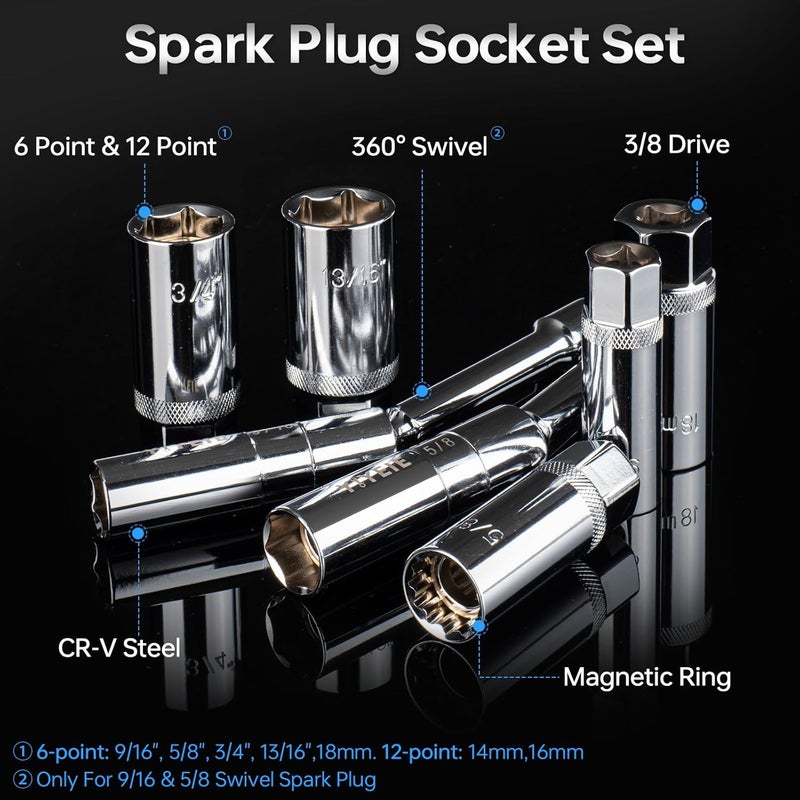 YIYEIE 10PCS Full Magnetic Spark Plug Socket Set with 3/8" Drive Torque Wrench (5-50 FT.LB/6.8-67.8Nm), Swivel Magnetic Spark Plug Removal Kit Includes 14, 16, 18mm& 9/16, 5/8, 3/4, 13/16 Inch Sockets - Image 4